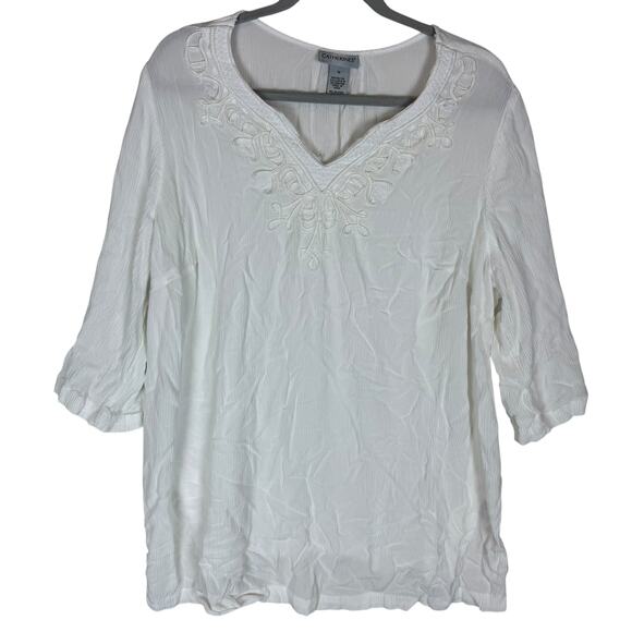 Catherines Blouse Womens 1X White Rayan Embroidered 3/4 Sleeve V-Neck Pullover - Picture 1 of 11